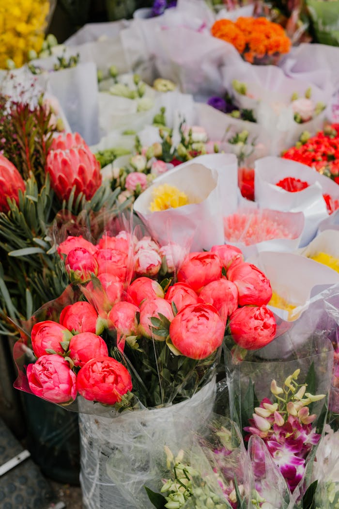 Home Fresh flower bouquets in a vibrant market setting showcasing peonies and other blooms.